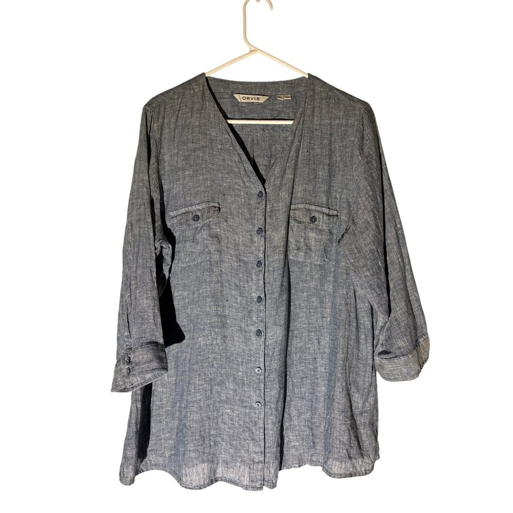 Orvis Blue Linen Button-Down V-Neck 3/4 Sleeve Shirt Size XL